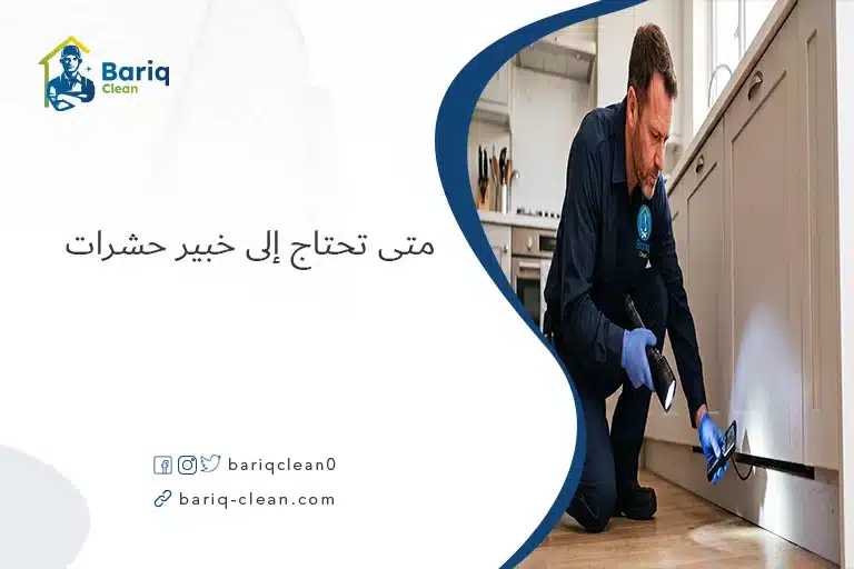 خبير مكافحة حشرات محترف يرتدي زياً رسمياً ويستخدم كشافاً لفحص شقوق الجدار بحثاً عن علامات الآفات في المطبخ.